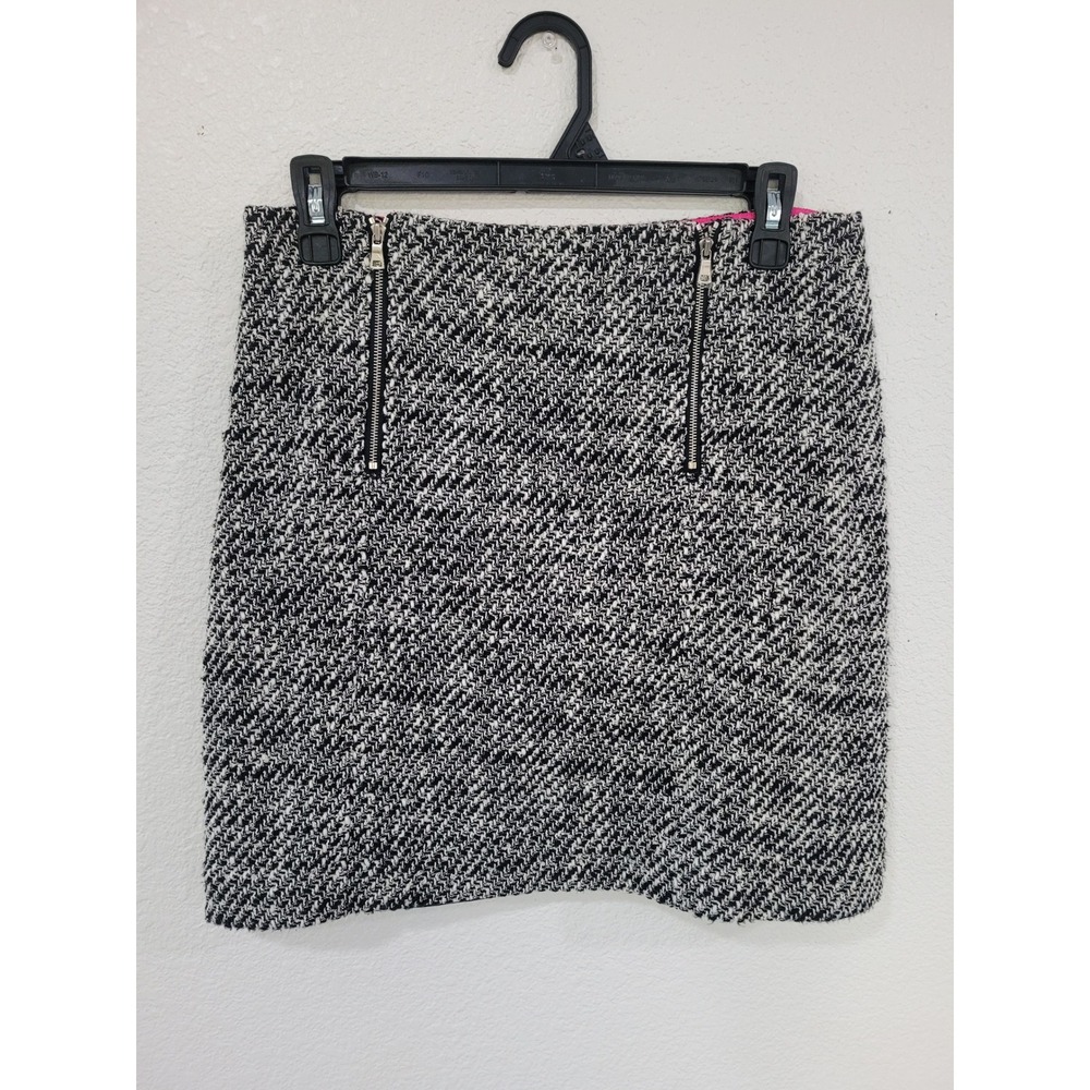 LOFT Women's Black White Tweed Zipper Detail‎ Mini Skirt Size 4 Satin Lined #16